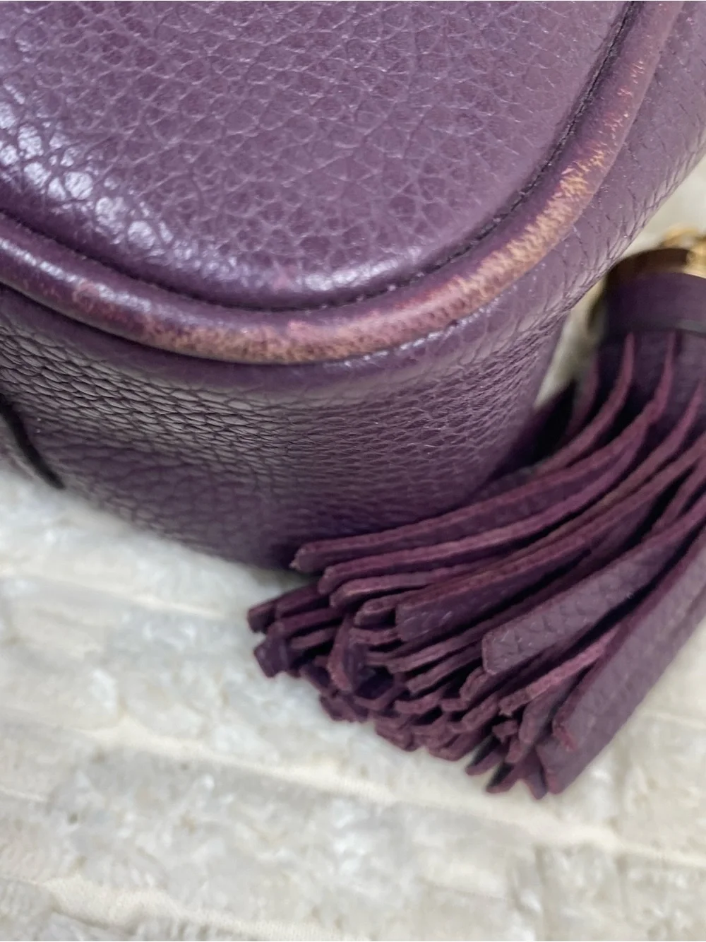 Michael Kors Ginny Camera Bag Plum Purple Pebbled Leather Crossbody Purse Tassel